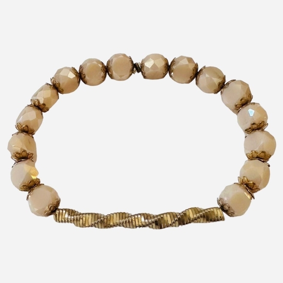 Lace & Beads Jewelry - Gold Tone Faceted Champagne Crystal Beaded Elastic Bracelet Gift Pouch VG